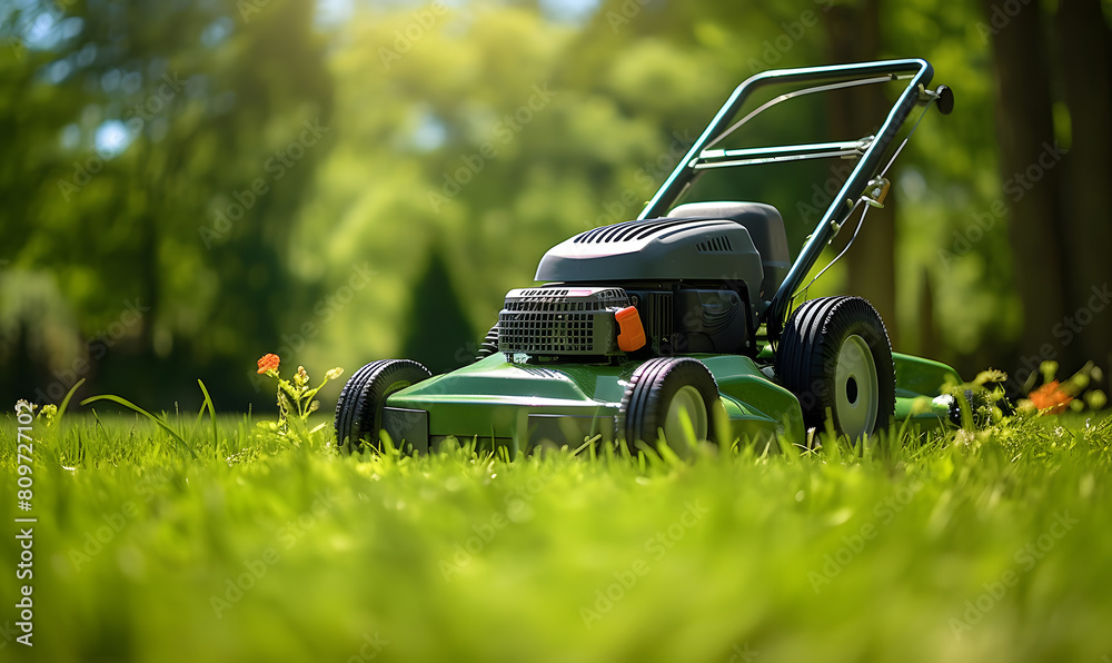 Fototapeta premium Lawnmower to grow green grass in backyard. Green lawn care.