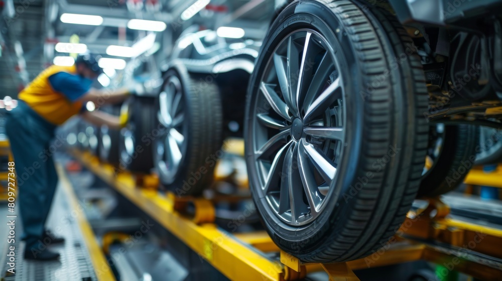 custom made wallpaper toronto digitaltechnician inspecting the alignment and assembly of car wheels in an automotive production line.