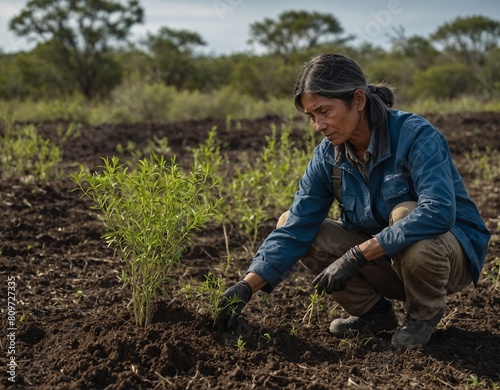 A conservationist replanting native vegetation in degraded habitats to restore ecosystem health and biodiversity.
