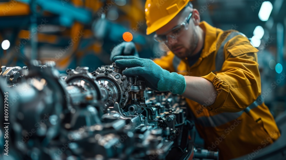 automotive quality control inspector examining a car's engine part, in a modern manufacturing facility. automotive quality control inspector examining a car's engine part, in a modern manufacturing facility.