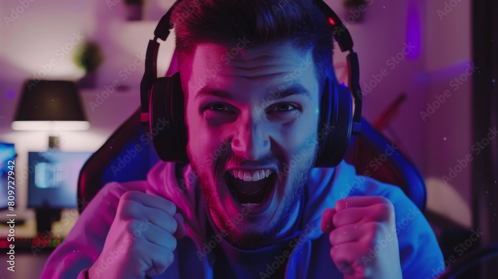 Gaming at Home: Portrait of a Happy Gamer Winning a Round on a Personal Computer. Handsome Stylish Male Player Engages in Online Multiplayer PvP. Gaming at Home: Portrait of a Happy Gamer Winning a Round on a Personal Computer. Handsome Stylish Male Player Engages in Online Multiplayer PvP.