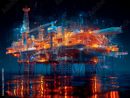 3D rendering   Oil rig constructtion plant overlay with wireframe on black background