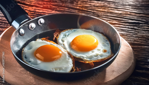Two fried eggs in a black pan on wooden background, cooking, hot.