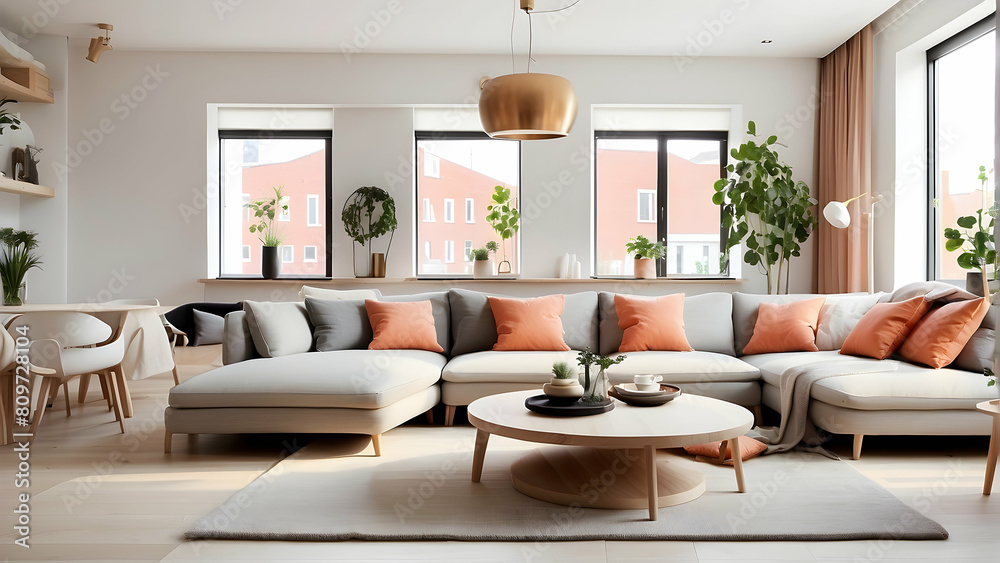 A beautifully designed open-plan living area that's bright and welcoming, with stylish furniture and colorful cushions for a chic look A beautifully designed open-plan living area that's bright and welcoming, with stylish furniture and colorful cushions for a chic look
