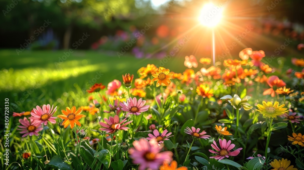 Obraz premium summer garden vibes, during summer, a lively backyard atmosphere is created by vibrant flowers in full bloom under the bright sunshine
