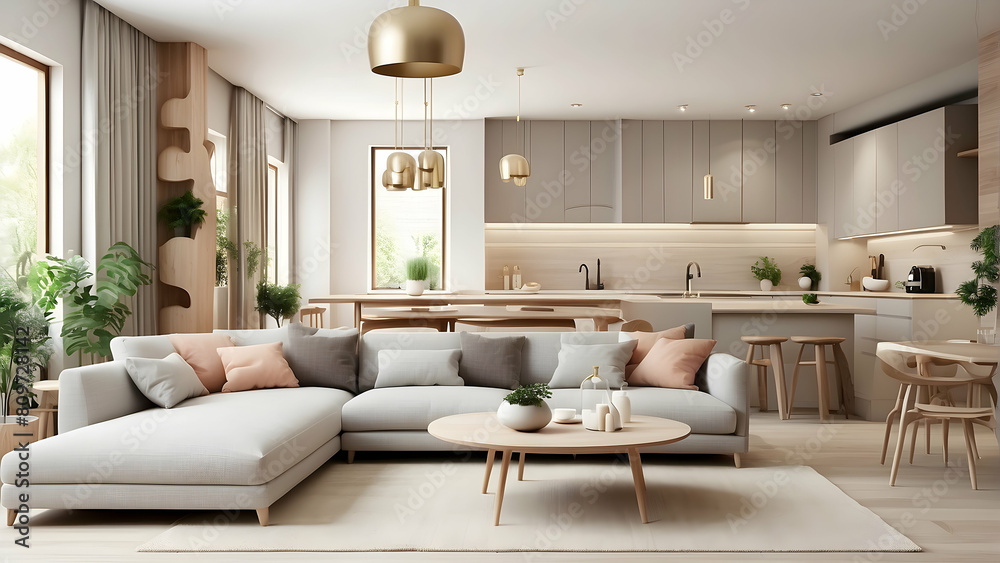 Fototapeta premium This inviting open space presents a neutral-toned sofa, wooden accents, and gentle lighting, creating a cohesive and contemporary living environment
