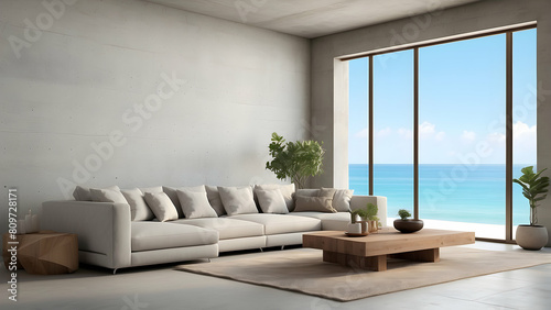 A serene, contemporary living space with a large, comfortable sectional sofa facing a stunning ocean view through floor-to-ceiling windows