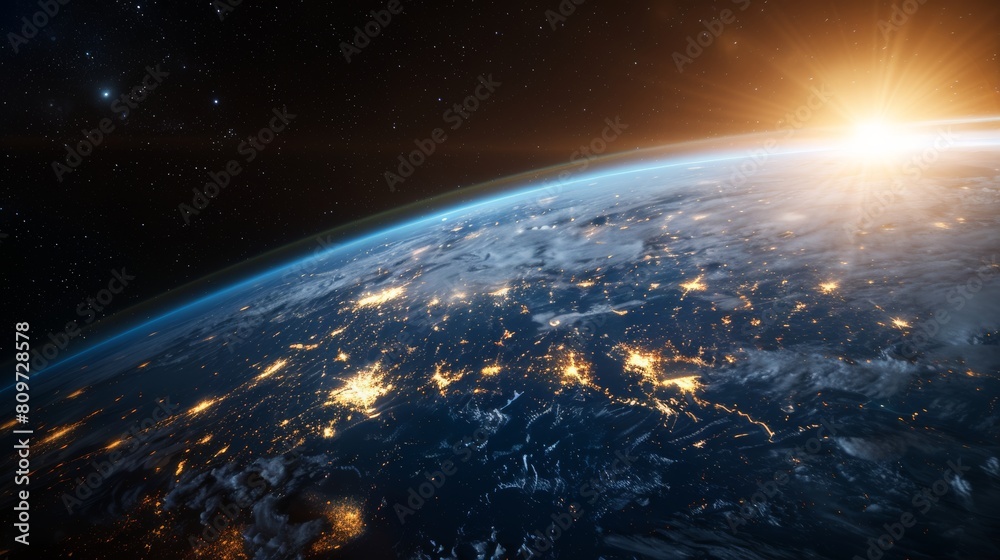 Digitalization of e-Commerce, e-Business, Spinning Planet Earth Seen from Space Sharing Rays of Information Between Cities. 3D Graphics Concept: Spinning Planet Earth Seen from Space.