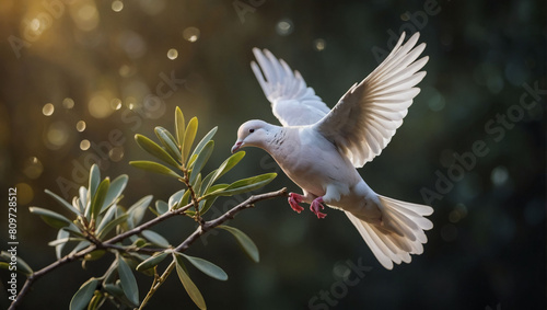 Symbol of Peace, Dove Descending with Olive Branch, Signifying Hope and Tranquility.