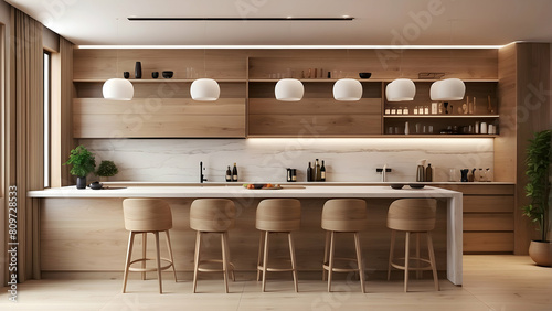 A modern kitchen with sleek design, wooden features, hanging lights, and a minimalist bar setup photo