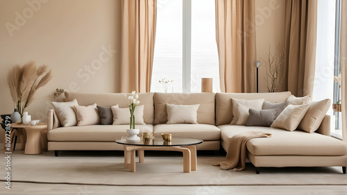 Warm neutral tones and soft textiles dominate this inviting living room space ideal for relaxation or entertaining photo