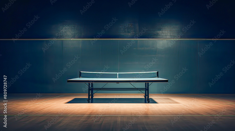 Brightly lit interior, empty ping pong court bathed in warm orange artificial light.