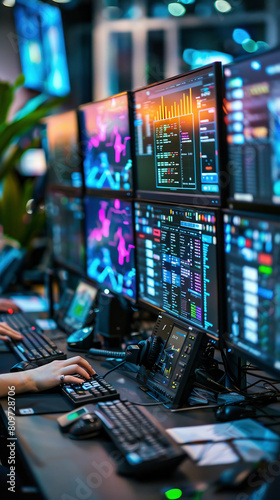 multiple computer screens displaying Realtime stock market data and news by  financial traders in an office environment with  tech equipment
