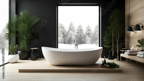 This image showcases a modern bathroom with a freestanding tub against a winter landscape through the window