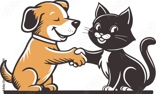cartoon illustration of a cute dog and cat shaking paws, symbolizing unity and friendship