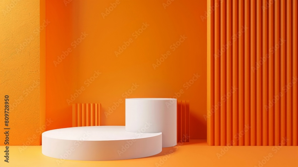 3D realistic orange and white cylinder pedestal podium background with geometric backdrop. Minimal wall scene mockup products stage for showcase, Banner promotion display. Abstract vector empty room