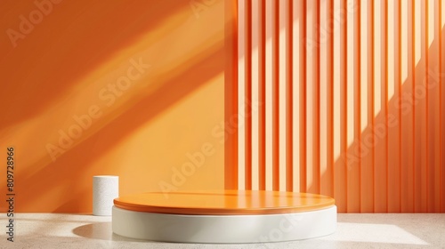 3D realistic orange and white cylinder pedestal podium background with geometric backdrop. Minimal wall scene mockup products stage for showcase, Banner promotion display. Abstract vector empty room