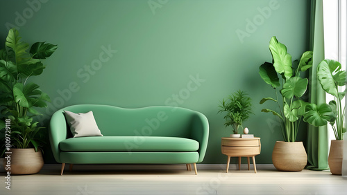 A cozy living room interior with a green sofa and large potted plants enhancing the freshness of space