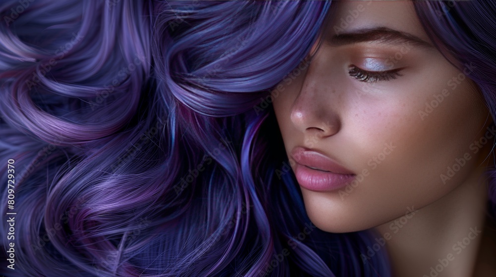 Purple hair close-up as a background. Women's long smokey purple hair. Purple hair close-up as a background. Women's long smokey purple hair.