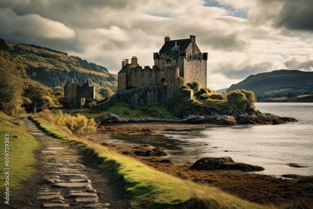 Stately Scot scottish castle. Fortress travel. Generate Ai