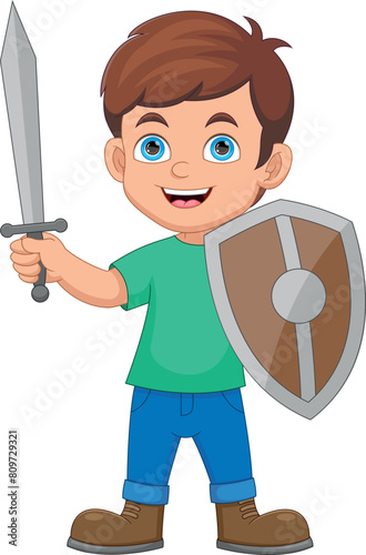 Little boy holding sword and shield