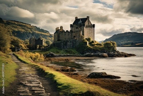 Stately Scot scottish castle. Fortress travel. Generate Ai