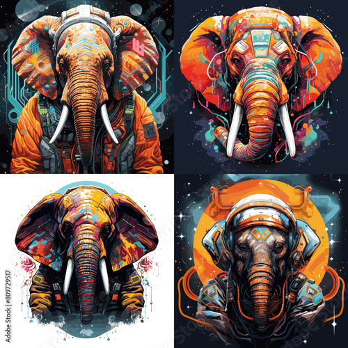 vector design of a colorful space-suited elephant