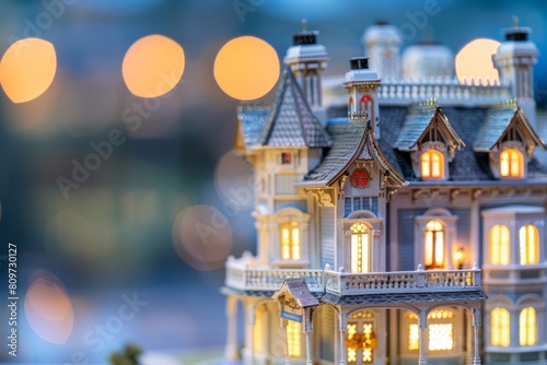 Close-up of a miniature house model with illuminated windows, showcasing its exterior design details © Ilia Nesolenyi