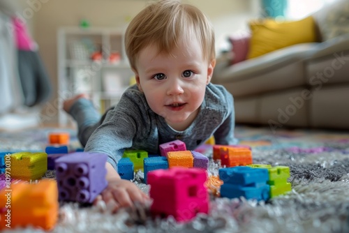 A baby joyfully playing with colorful blocks on a soft rug