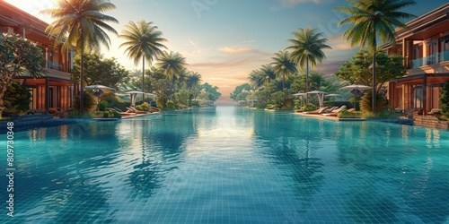 Tropical resort pool area with cabanas and a swim-up bar © Namra