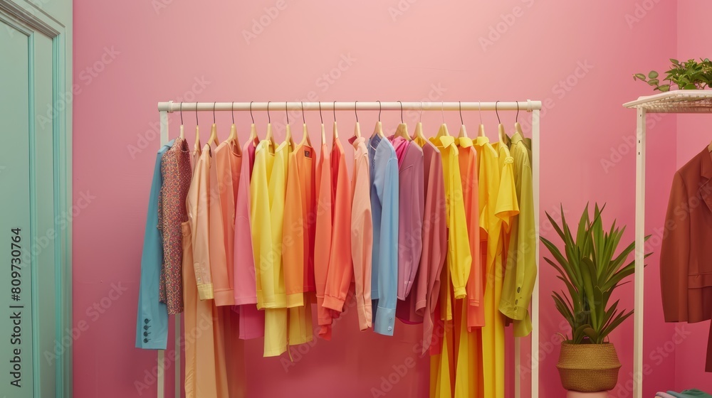 Vibrant collection of colorful clothing neatly arranged against a soft pastel pink wall, offering a cheerful visual display