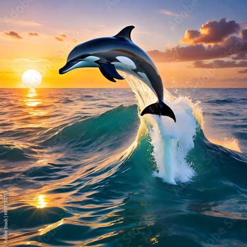 Dolphins Jumping Over the Blue Sea With the Ripples of Sunset © wowyoung