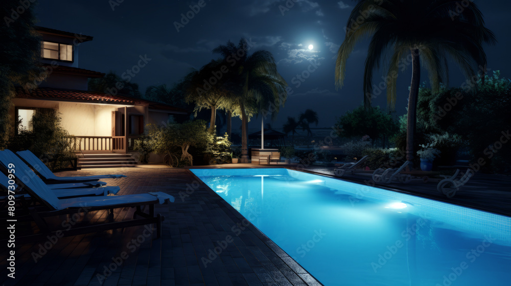 Swimming pool at night with palm trees and full moon in the background