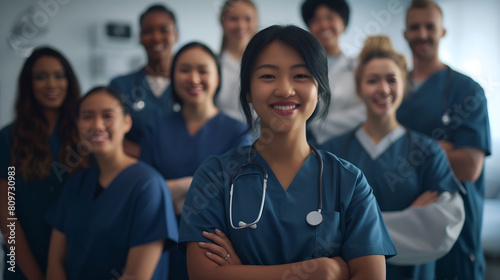 Multiethnic smiling healthcare workers with arms folded at a clinic photo