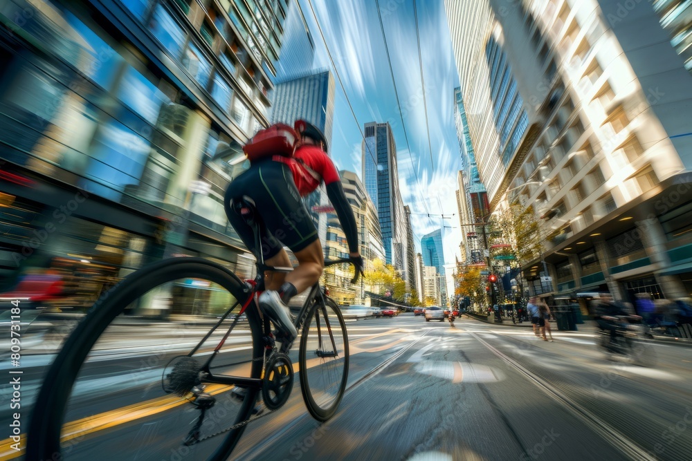 A man rides a bike down a bustling city street lined with tall buildings