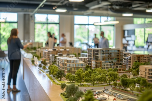 Scale model of a city in a showroom with individuals studying and interacting with it