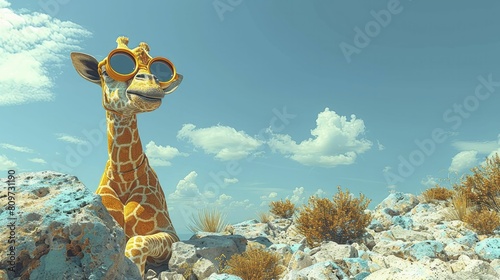 Clean minimalist 3D rendered giraffe costume with a spyglass, high altitude background to depict vision and foresight. photo