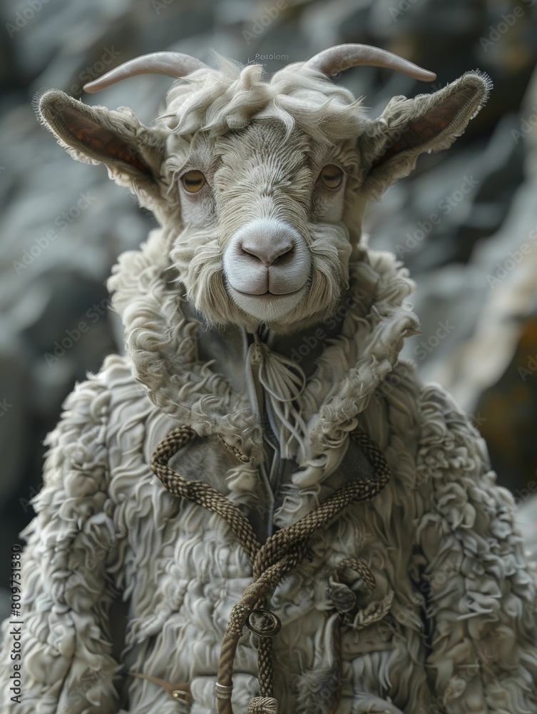 A rugged, minimalistic 3D goat costume stands against a rocky gray backdrop, accentuated by a tin can for added character. A rugged, minimalistic 3D goat costume stands against a rocky gray backdrop, accentuated by a tin can for added character.