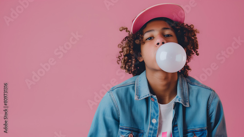 Young playful boy blowing bubble with chewing gum