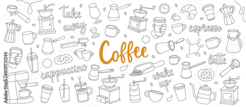 Coffee outline set. Beans, drinks, cups, pot, package, grinder, filter, machine, portafilter, kettle. Hand drawn elements for cafe menu, coffee shop.