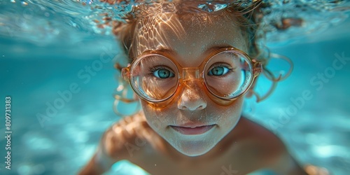 A little girl wearing glasses present under water