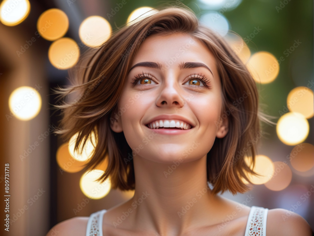 Smiling Young woman with Brown hair and Brown eyes looking up. Close-up Female portrait. Smiling Young woman with Brown hair and Brown eyes looking up. Close-up Female portrait.
