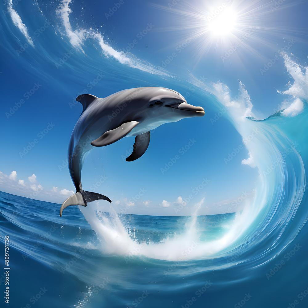 Obraz premium Dolphins Jumping Over the Blue Sea With Waves On A Sunny Day