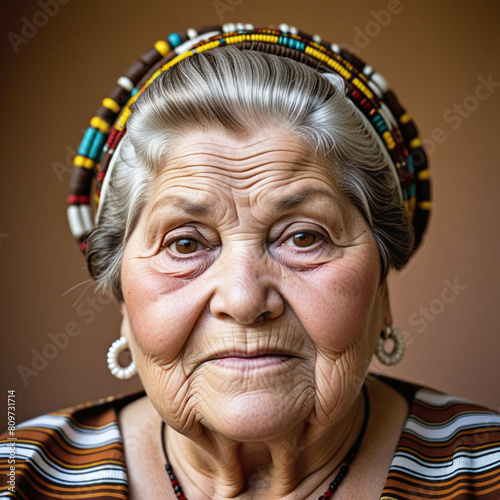 Senior woman with Brown Hair and Green eyes looking at camera. Close-up Female portrait. photo