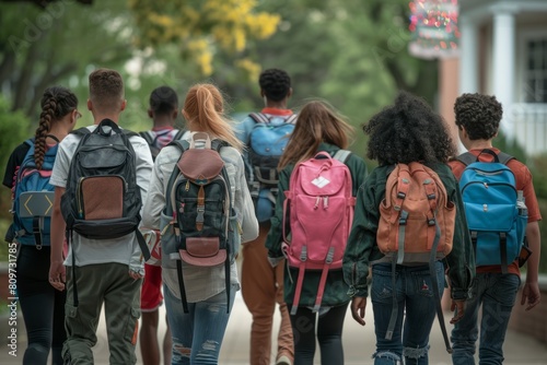 Diverse group of students walking on a sidewalk to school, each carrying unique backpacks filled with books and supplies