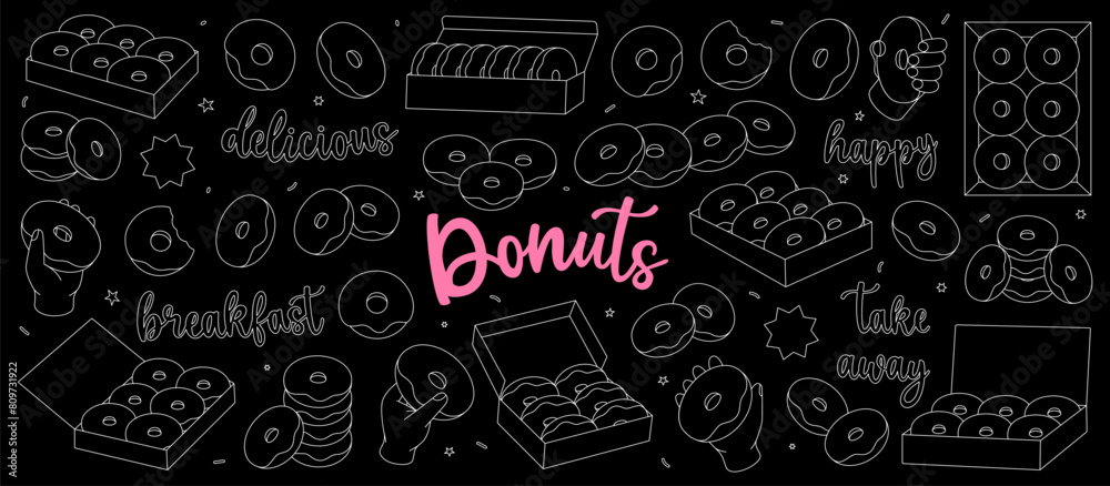 Donuts shop outline set. Glazed doughnuts with sprinkles. Bakery sweet pastry food. Hand drawn elements for confectionery menu, bakery shop. Donuts shop outline set. Glazed doughnuts with sprinkles. Bakery sweet pastry food. Hand drawn elements for confectionery menu, bakery shop.