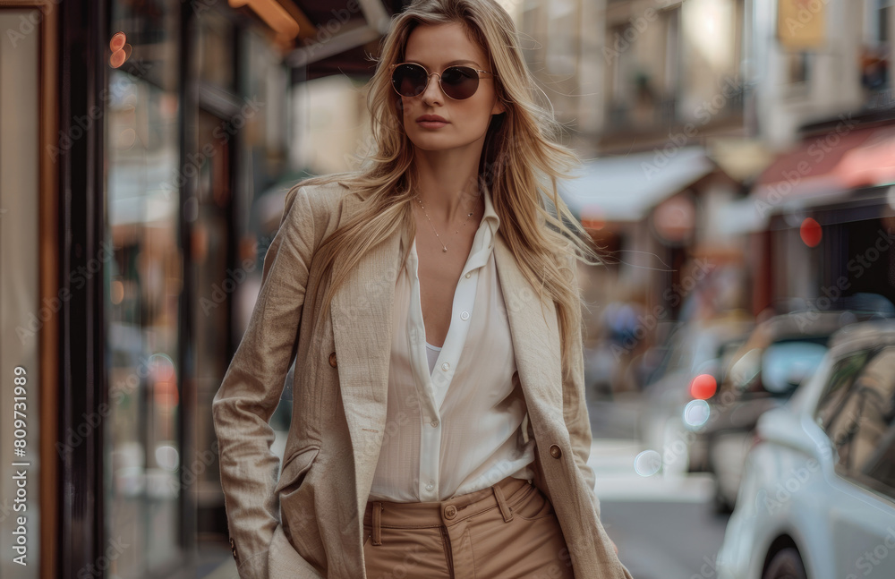 an elegant middle aged woman in a beige blazer and white blouse, sunglasses walking on the streets of Paris