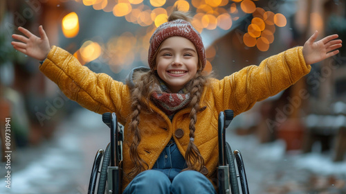 A young girl in warm clothes, in a wheelchair, smiles sincerely, spreading her arms wide for a hug on a snowy street.