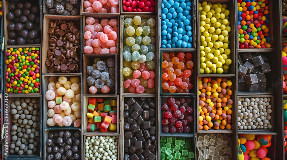 Top down view of various candies, gummy jellies, lolly, chewing gum, etc arranged in compartments Top down view of various candies, gummy jellies, lolly, chewing gum, etc arranged in compartments
