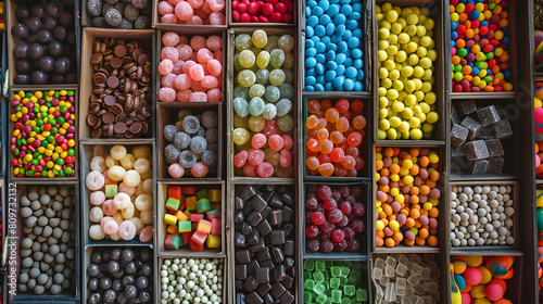 Top down view of various candies, gummy jellies, lolly, chewing gum, etc arranged in compartments